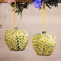 Ceramic ornaments, 'Green Apples' (pair) - Hand-Painted Ceramic Apple Ornaments in Green (Pair)