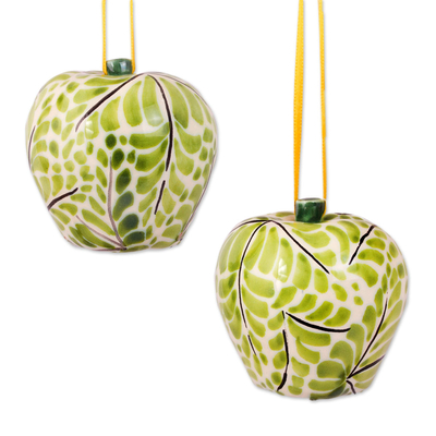 Ceramic ornaments, 'Green Apples' (pair) - Hand-Painted Ceramic Apple Ornaments in Green (Pair)