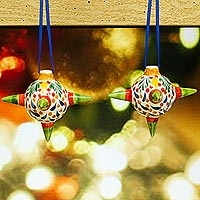 Ceramic ornaments, 'Festive Piñatas' (pair) - Ceramic Piñata Ornaments with Green Points (Pair)