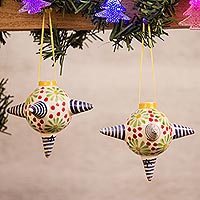 Ceramic ornaments, 'Delightful Piñatas' (pair) - Ceramic Piñata Ornaments with Striped Points (Pair)