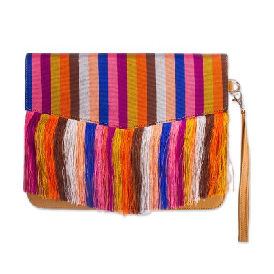Honey Leather Clutch with Colorful Striped Accent