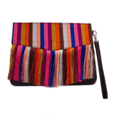 Black Leather Clutch with Colorful Striped Accent