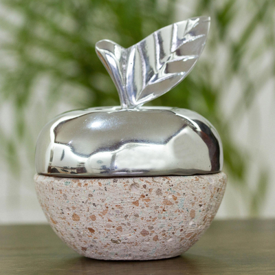 Pewter and reclaimed stone jewelry box, 'Gleaming Apple' - Apple-Shaped Pewter and Reclaimed Stone Jewelry Box