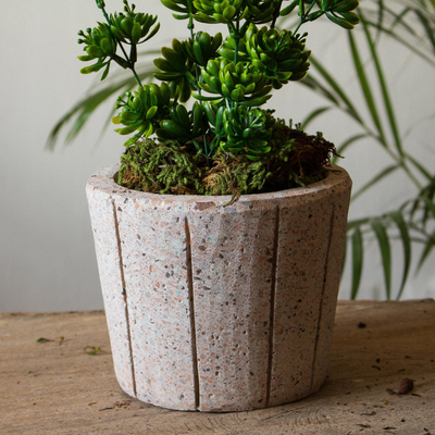 Reclaimed stone flower pot, 'Verdant Container' - Striped Pattern Reclaimed Stone Flower Pot from Mexico