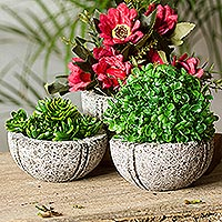 Reclaimed stone flower pots, 'Petite Fleurs' (set of 3) - Round Reclaimed Stone Flower Pots from Mexico (Set of 3)