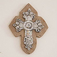 Pewter and reclaimed stone wall cross, 'Baroque Faith' - Baroque-Inspired Pewter and Reclaimed Stone Wall Cross