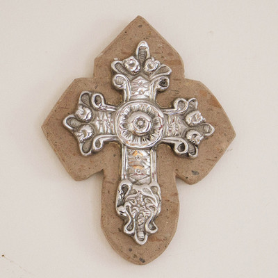 Pewter and reclaimed stone wall cross, 'Baroque Faith' - Baroque-Inspired Pewter and Reclaimed Stone Wall Cross