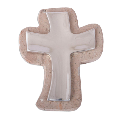 Simple Pewter and Reclaimed Stone Wall Cross from Mexico
