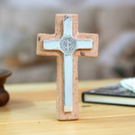 Pewter and reclaimed stone wall cross, 'Saint Benedict' - Saint Benedict Pewter and Reclaimed Stone Wall Cross