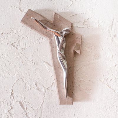 Pewter and reclaimed stone wall cross, 'Jesus Gleams' - Artistic Pewter and Reclaimed Stone Wall Cross from Mexico