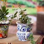 Ceramic flower pot, 'Blue Wind' - Blue and White Ceramic Owl Flower Pot from Mexico