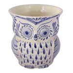 Ceramic flower pot, 'Blue Wind' - Blue and White Ceramic Owl Flower Pot from Mexico