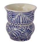 Ceramic flower pot, 'Blue Wind' - Blue and White Ceramic Owl Flower Pot from Mexico