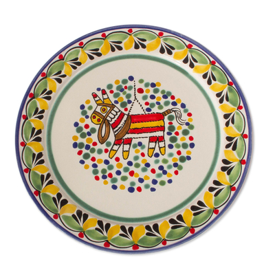 Ceramic serving plate, 'Festive Piñata' - Piñata-Themed Ceramic Serving Plate Mexico