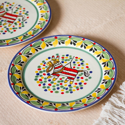 Ceramic salad plates, 'Festive Piñata' (pair) - Piñata-Themed Ceramic Salad Plates from Mexico (Pair)