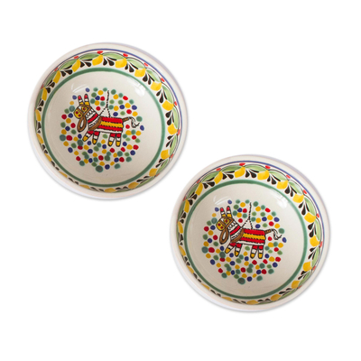 Cuencos de cerámica, (par) - Cuencos de cerámica con temática de piñata de México (par)