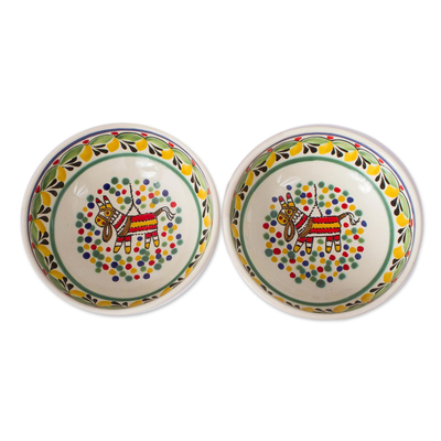 Ceramic bowls, 'Festive Piñata' (pair) - Piñata-Themed Ceramic Bowls from Mexico (Pair)