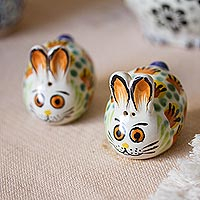 Ceramic salt and pepper shakers, 'Farm Rabbits' (pair) - Majolica Ceramic Rabbit Salt and Pepper Shakers (Pair)