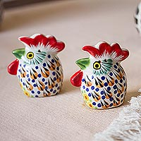 Hand painted ceramic black and white rooster salt and pepper shakers