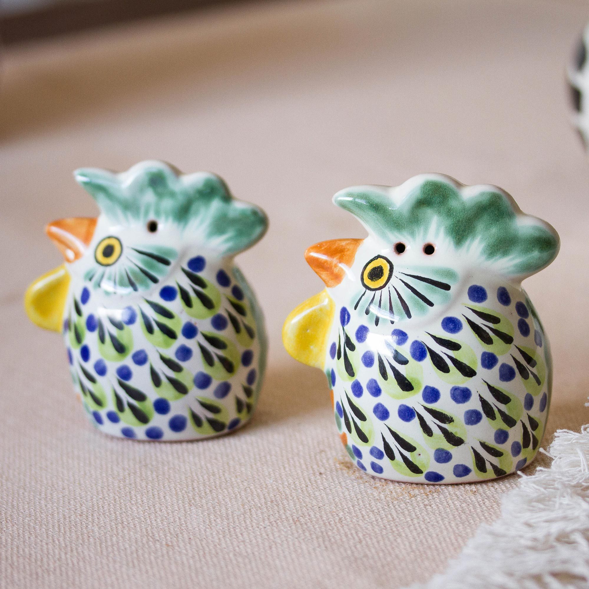 Majolica Ceramic Rooster Salt and Pepper Shakers (Pair) Proud