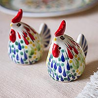 Salero y pimentero de cerámica, 'Rise and Shine' (par) - Salero y pimentero de gallo de cerámica artesanal