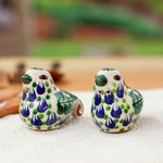 Ceramic salt and pepper shakers, 'Blue-Green Doves' (pair) - Green and Blue Ceramic Dove Salt and Pepper Shakers