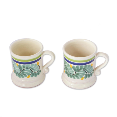 Ceramic mugs, 'Verdant Majolica' (pair) - Majolica Ceramic Mugs in Green from Mexico (Pair)