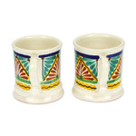 Ceramic mugs, 'Majolica Zigzag' (pair) - Zigzag Motif Pair of Majolica Ceramic Mugs from Mexico