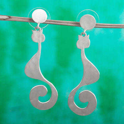 Sterling silver dangle earrings, 'Stylish Cats' - Cat-Themed Sterling Silver Dangle Earrings from Mexico