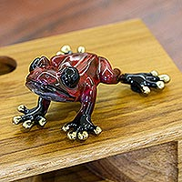Bronze figurine, 'Fiery Frog' - Hand-Painted Bronze Frog Figurine in Red from Mexico