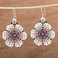 Glass beaded dangle earrings, 'Cool Bloom' - Floral Glass Beaded Dangle Earrings from Mexico