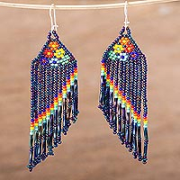 Glass beaded waterfall earrings, 'Shimmering Blue Rainbow' - Floral Glass Beaded Waterfall Earrings in Shiny Blue