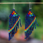 Glass beaded waterfall earrings, 'Shimmering Blue Rainbow' - Floral Glass Beaded Waterfall Earrings in Shiny Blue