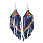 Glass beaded waterfall earrings, 'Shimmering Blue Rainbow' - Floral Glass Beaded Waterfall Earrings in Shiny Blue