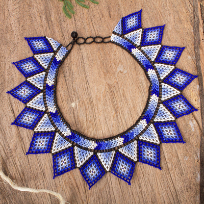 Glass beaded necklace, 'Cool Diamonds' - Diamond Pattern Glass Beaded Necklace in Blue from Mexico