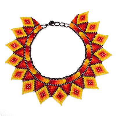 Glass beaded necklace, 'Fiery Diamonds' - Red and Orange Diamond Pattern Glass Beaded Necklace