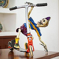 Recycled papier mache sculpture, 'Scooter Kid' - Recycled Papier Mache Sculpture of a Skeleton on a Scooter