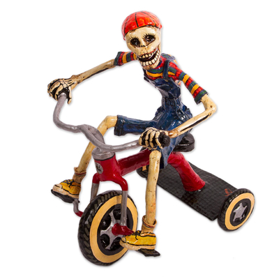 Recycled papier mache sculpture, 'Tricycle Skeleton' - Recycled Papier Mache Sculpture of a Skeleton on a Tricycle