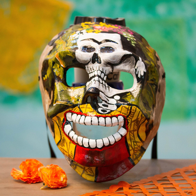 Recycled papier mache mask, 'Frida Skull' - Frida-Themed Recycled Papier Mache Skull Mask from Mexico