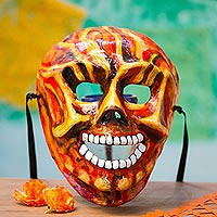 Recycled papier mache mask, 'Fiery Calavera' - Fiery Recycled Papier Mache Skull Mask from Mexico