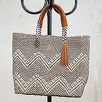 Leather accented woven tote, Golden Zigzags