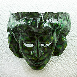 Recycled papier mache mask, 'Green Visage' - Hand-Painted Recycled Papier Mache Mask in Green from Mexico