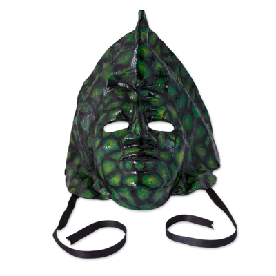 Hand-Painted Recycled Papier Mache Mask in Green from Mexico