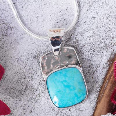 Turquoise pendant necklace, 'Watery Gleam' - Square Natural Turquoise Pendant Necklace from Mexico