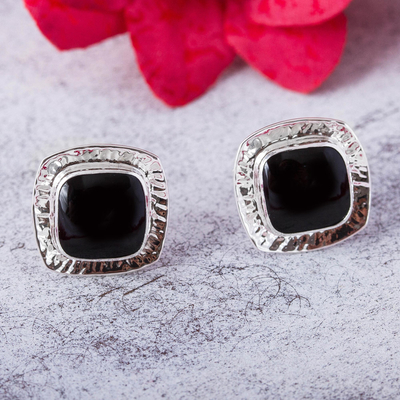 Obsidian button earrings, 'Watery Reflection' - Square Obsidian Button Earrings from Mexico