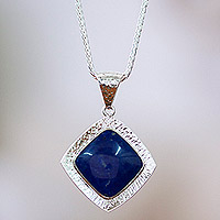 Lapis lazuli pendant necklace, 'Lapis Mirror' - Taxco Silver Lapis Lazuli Pendant Necklace from Mexico