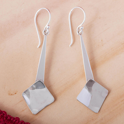 Silver dangle earrings, 'Gleaming Element' - Modern Square Silver Dangle Earrings from Mexico