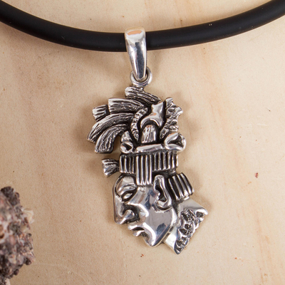 Men's sterling silver pendant necklace, 'Taxco Pacal' - Men's Maya-Themed Taxco Sterling Silver Pendant Necklace