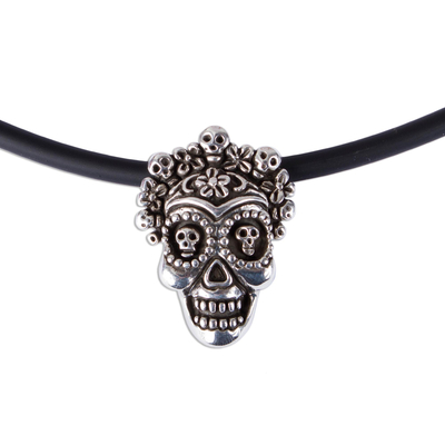 Sterling silver pendant necklace, 'Calavera la Comadre' - Sterling Silver Floral Skull Pendant Necklace from Mexico