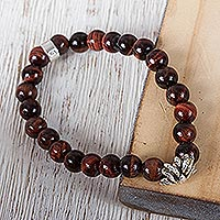 Tiger's eye beaded stretch bracelet, 'Red Succulent Agave' - Taxco Red Tiger's Eye Beaded Stretch Bracelet from Mexico